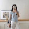 Top de Punto Simple para Viajero Color Block Cuello Redondo Botones Versátil Adelgazante Favorecedor Moda Verano Manga Corta Estilo Coreano Conjunto