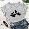Comercio Exterior Sitio Independiente Europeo y Americano Wish Comercio Exterior Letra de la Suerte Estampado de Trébol Cuello Redondo Camiseta de Manga Corta