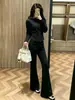 Conjunto de dos piezas de moda coreana simple para mujer, chaqueta sudadera con capucha versátil de moda para otoño e invierno y pantalones acampanados