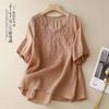 Tops de Algodón y Lino para Madres de Mediana Edad en Verano Nueva Camisa de Manga Corta con Cuello en V Bordada para Mujer de Estilo Nacional Chinoiserie