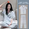 Pijama de Encaje de Alta Gama para Mujer con Pantalones Cortos, Cardigan Fino de Primavera, Otoño y Verano, Traje Sencillo Retro Verde para el Hogar
