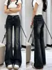 Jeans flare retro estilo americano novo de outono para mulheres, cintura alta, elástico, modelador e com design flare em formato de ferradura