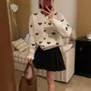 Nuevo Cardigan de Punto Estilo Coreano Holgazán con Cuello Redondo para Mujer, Jacquard de Corazón en Color Contrastante, Chaqueta Suéter Elegante Versátil
