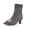 Hebilla Metálica Cruzada Punta Fina Tacón Medio Botas de Moda para Mujer Otoño Invierno Talla Grande Botas Cortas Media Pantorrilla Otoño Invierno Bloqueo de Color Canalé 3D