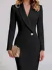 Vestido Europeu e Ocidental com Lapela de Terno Decote V Manga Longa Botão Decorativo Único Slim Fit Justo no Corpo Comprimento Médio Formal para o Trabalho