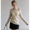 Top de punto coreano con patrón trenzado de un hombro de doble botonadura y manga larga, nueva camisa básica de otoño para mujer