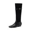 Hebilla de Cinturón Talla Grande 40-42 Botas de Caballero Bloque de Color 2026 Tacón Bajo Grueso Patchwork de Gamuza y Cuero Punta Cuadrada Botas Altas