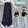 Calça pantalona xadrez patchwork para meninas, novo estilo outono, calça de moletom infantil folgada com bordado de laço, calça casual para crianças maiores