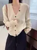 Nuevo cárdigan de otoño simple con cuello en V 100% lana pura para mujer, diseño holgado y casual, chaqueta suéter tejida