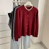 Cardigã de tricô com gola redonda e detalhes em renda para mulheres com botões coloridos, estilo macio e delicado, peça externa fina para primavera e outono, casaco solto de manga longa