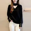 Elegante y sofisticado top de punto con cuello halter en V y manga larga para mujer, holgado y estilizado, suéter suave y acogedor