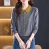Tejido de Punto con Cuello de Solapa de Color Contrastante de Manga Larga para Mujer 2026 Primavera y Otoño Nuevo Estilo Holgado Cuello Baby Doll Versátil Camisa Básica Top Interior