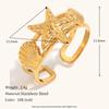 Anillo Abierto de Acero Inoxidable Chapado en Oro de 18K con Forma de Estrella de Mar y Concha Estilo Europeo y Americano Moda Versátil Joyería para Vacaciones en la Playa