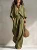 Conjunto de Lino Bohemio Europeo y Americano para Vacaciones Manga Corta con Escote en V Profundo Pantalones de Pierna Ancha Holgados Casual Conjunto de Dos Piezas Ropa de Mujer Transfronteriza
