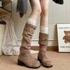 Botas Arredondadas Vintage, Botas de Cowboy Ocidentais, Botas de Meia-Canela Estilo Novo Verão 2025, Botas Femininas, Botas Longas Cáqui para Baixinhas