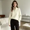 Suéter Pulôver Curto com Lapela e Meio Zíper para Mulheres Outono e Inverno Novo Grosso Raglan Manga Longa Cor Pura Casual Tricotado