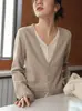Mi D Kochi Top de Malha Manga Longa Decote V Falso Duas Peças Estilo Old Money de Alta Inteligência Feminino Camada Interna de Outono Cardigan Outerwear