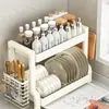 Estante de doble capa para cuencos en encimera de cocina, escurridor de platos multifuncional, escurridor, portapalillos, portacuchillos y portacuchillas