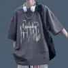 2026 Novo Estilo Camiseta de Manga Curta com Estampa de Letras Borradas Masculina Peso Pesado Casual Solta Estilo Preguiçoso Versátil Top de Meia Manga