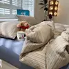 Juego de cuatro piezas a rayas de algodón puro Clase A para maternidad e infantil, sábana bajera de algodón puro simple transfronteriza, sábana bajera ajustable, funda de edredón, juego de tres piezas para dormitorio de estudiantes 4