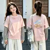 Camiseta de algodón a rayas de manga larga, estilo coreano y moderna, para niñas, un nuevo diseño de primavera/otoño, corte holgado, versátil y con cuello redondo, adecuada para niños de talla mediana a grande