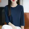 Camiseta de Algodão Penteado com Gola Redonda e Manga Três Quartos para Mulheres, Novo Estilo Primavera e Outono, Camiseta Base de Algodão Casual Elegante, Top Interno Respirável
