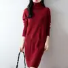 Vestido de gola alta em tricô 100% lã pura com bolsos, extra longo, novo estilo outono/inverno, casual de modelagem solta, suéter acima do joelho