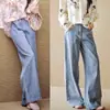 Calça Jeans Casual Azul Desgastado Minimalista para o Dia a Dia, Perna Larga, Design de Padrão Diamante Acolchoado, Tecido Fluido, Emagrecimento