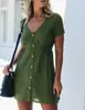 Vestido Nuevo de Color Sólido con Cuello en V Ajustado de Botones de una Sola Fila de Cintura Alta para Mujer Primavera y Verano 20 Mancha 20 Algodón