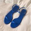 ¡En Stock! Versión de Piel de Oveja~Sandalias de Verano Planas, de Una Tira, Punta Abierta, Color Azul Satín para Mujer, Chanclas Simples y Elegantes