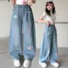 Calça Jeans Wide Leg Bordada com Estrelas para Meninas, Nova Moda Coreana Estilo Solto para Outono/Primavera, Calças Longas para Crianças Mais Velhas