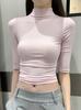 Blusa Branca de Gola Meia-Alta, Manga Três Quartos, Ombro Direito para Mulheres, Slim Fit Primavera e Outono, Base, Top Curto que Mostra o Umbigo