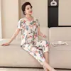 Pijama de algodón y seda de manga corta para mujeres de mediana edad y mayores, cuello redondo, camisa de mujer, conjunto de dos piezas para el hogar de verano, para abuela, señora mayor, madre