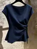 Top Feminino Único, Lindo e Super Estiloso, Novo Verão 2026, Estilo Retrô Francês, Azul Marinho, Amarração Lateral para Ajustar a Cintura