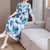 Camisola de Algodão e Seda para Mãe, Tamanho Grande, Caimento Solto, Vestido de Viscose para Meia-Idade e Idosos, Manga Curta com Bolsos, Roupa de Casa