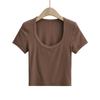 Camiseta de verano de manga corta ajustada con cuello en U, color liso, para mujer europea y americana, C73216