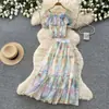 Conjunto Duas Peças Floral Romântico Francês com Manga Bufante de Um Ombro para Mulheres Verão Saia de Tule com Cintura Alta Terno Elegante