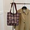 Bolsa de Lona Estilo Japonês Xadrez Vintage Bolsa de Almoço Bolsa de Mão da Baoma para Sair Bolsa de Mão para Escritório Bolsa Casual Feminina