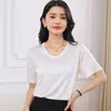 Nueva camiseta de triacetato de verano con cuello en V estilo coreano simple, elegante y a la moda, color liso, adelgazante, top simple de manga corta para mujer