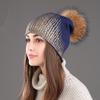 Sombrero de Lana Tejido Cálido de Invierno Estilo Exportación Europeo y Americano Sombrero de Mujer Plateado Bronceado Sombrero de Lana con Pompón de Piel de Mapache