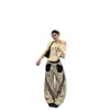 Calça casual larga de retalhos com estampa de leopardo estilo americano, unissex, corte solto, efeito emagrecedor, com design de três listras e bainha curva