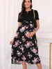 Vestido de Maternidad Transfronterizo Nuevo Europeo y Americano Elegante Estampado de Flores Cuello Redondo Manga Corta Cintura Alta con Cordones