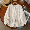 Camisa floral de gaze de algodão dupla camada com decote em V para mulheres, manga longa, estilo artístico vintage, macia, hipoalergênica, respirável, algodão puro, top de corte solto MHT