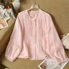 Cardigan feminino solto estilo japonês com gola alta artística, bordado jacquard em cor sólida, manga longa, com acabamento em renda