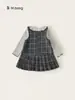 Bangxuan Huzhou Zhili Roupa Infantil Doce Conjunto de Menina Vestido com Colete Xadrez Camisa Base com Gola de Renda Conjunto Infantil de Duas Peças