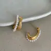 Brincos Metálicos Dupla Camada Plissados com Pérolas Estilo Retrô Francês para Mulheres, High-End, Personalizados, Modernos e Tendência