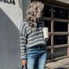 Bai Fen Zhi YiAmazon Transfronteiriça Outono Moda Casual Europeia e Americana Suéter Listrado de Gola Lapela de Manga Longa Feminino para Mulheres