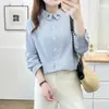 Camisa Feminina Plus Size Nova Estilo Outono Fresca e Simples Manga Longa com Gola Bordada de Gato e Listras, Adequada para 90 kg, 0717