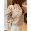 Suéter de Punto de Encaje con Cuello en V para Niña Joven Suéter de Punto Suave y Sedoso Ajustado Puro para Mujer Otoño e Invierno