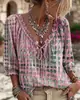 Camisa feminina estilo boho europeu e americano, com decote em V, aspecto de linho, nova, estampada para o verão, solta, casual, com fitas
